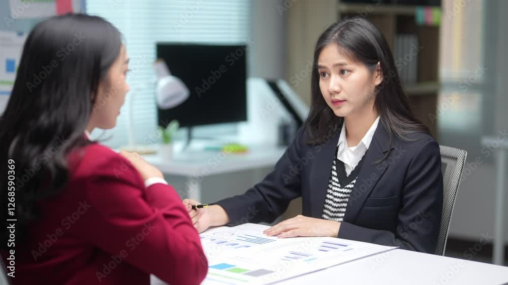 Two women are sitting at a desk, one of them writing on a piece of paper. The other woman is looking at the paper, possibly giving her opinion or feedback