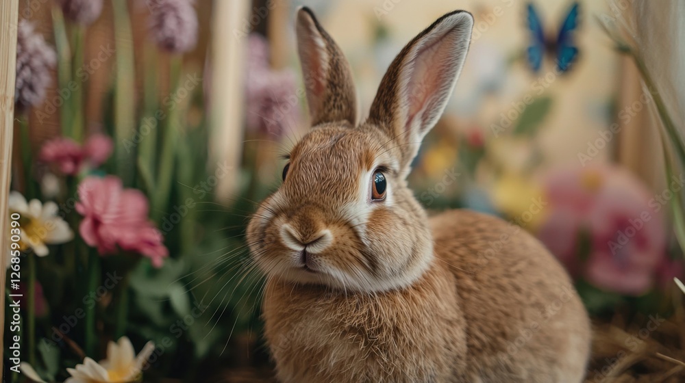 Obraz premium A fluffy brown rabbit sits among vibrant flowers in a lush garden. Butterflies flutter nearby, creating a cheerful atmosphere in bright daylight