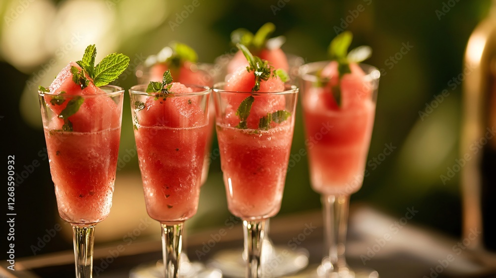 An exclusive summer cocktail party scene, where watermelon and mint salad is served in mini champagne glasses with an aromatic herb garnish An exclusive summer cocktail party scene, where watermelon and mint salad is served in mini champagne glasses with an aromatic herb garnish