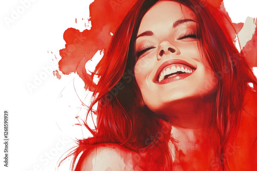 Smiling woman with red watercolor background photo