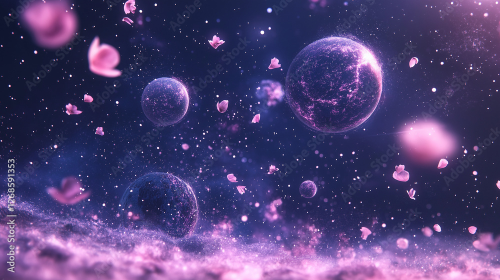 Fototapeta premium Celestial Blossom: A surreal dreamscape unfolds with ethereal pink petals floating amidst celestial bodies, sparkling stardust, and a swirling nebula.