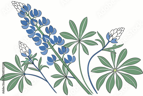 Native Texas bluebonnets with scattered green leaves in a lively design.