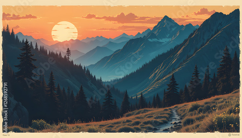 Sunset and sunrise over snowy mountain peaks with clouds and trees in an alpine valley