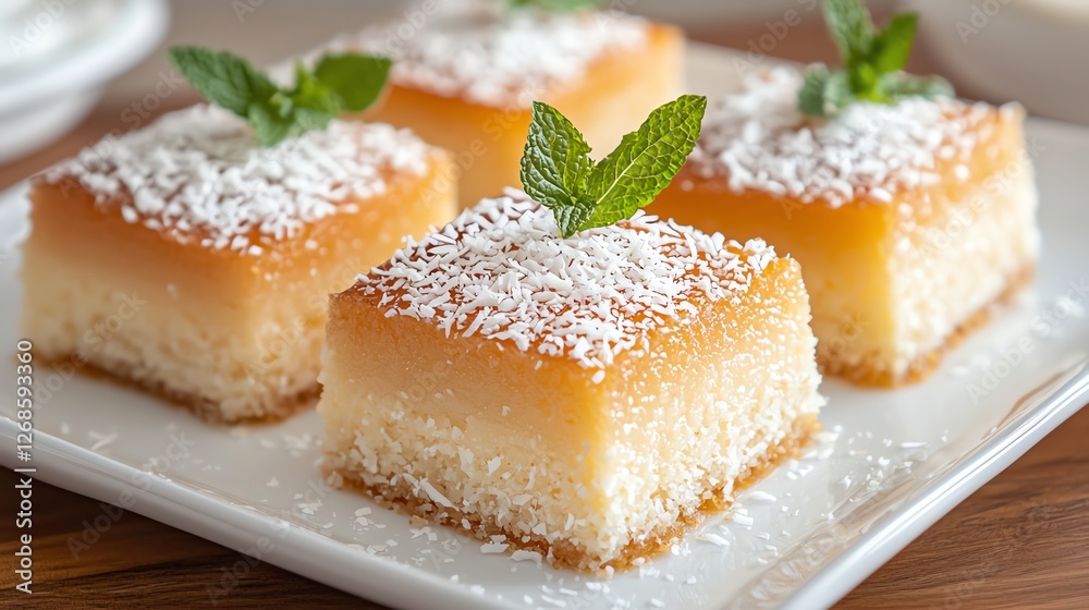 Delicious lemon squares topped with mint and coconut on white plate, perfect for dessert lovers. Delicious lemon squares topped with mint and coconut on white plate, perfect for dessert lovers.