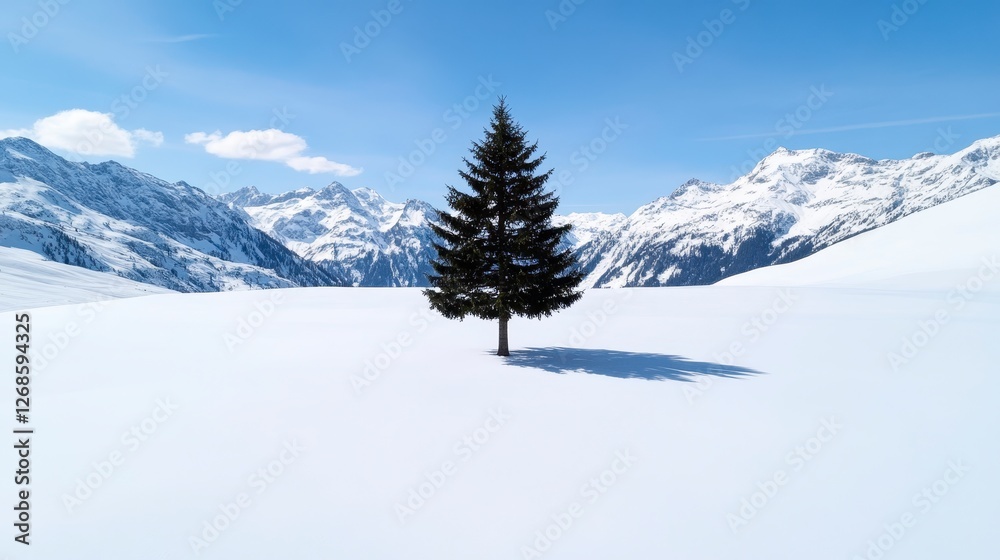 Obraz premium A solitary evergreen tree stands in a snowy field, surrounded by majestic snow capped mountains under a clear blue sky. The scene is peaceful and