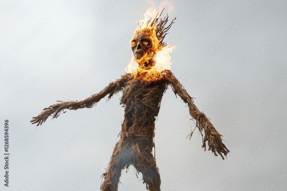Burning effigy made of straw or branches stands tall Burning effigy made of straw or branches stands tall