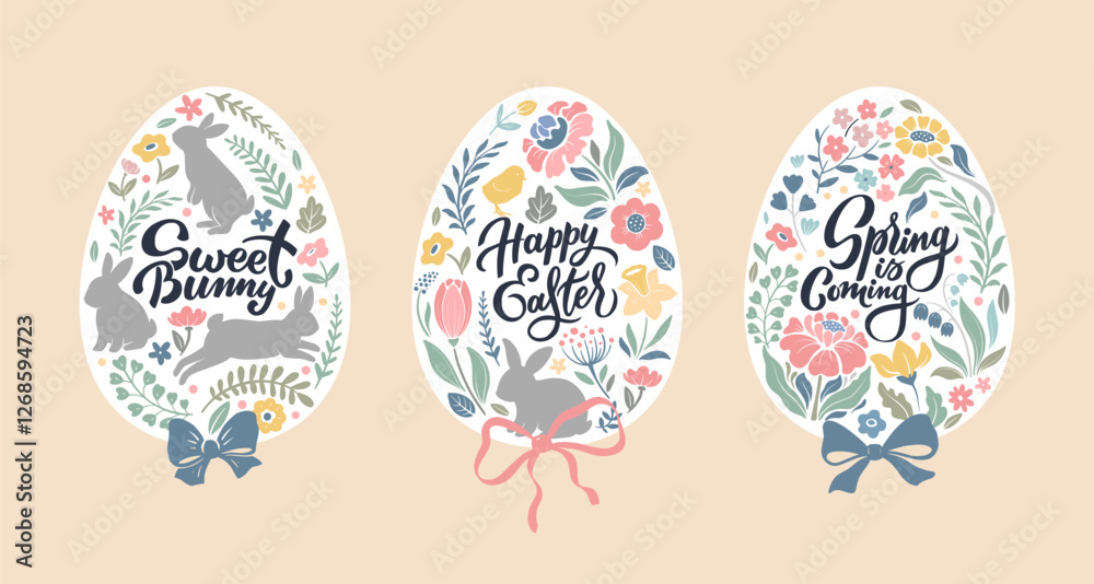 Vector set of Easter eggs with floral patterns, rabbits in beautiful pastel colors with hand lettering. Vector set of Easter eggs with floral patterns, rabbits in beautiful pastel colors with hand lettering.