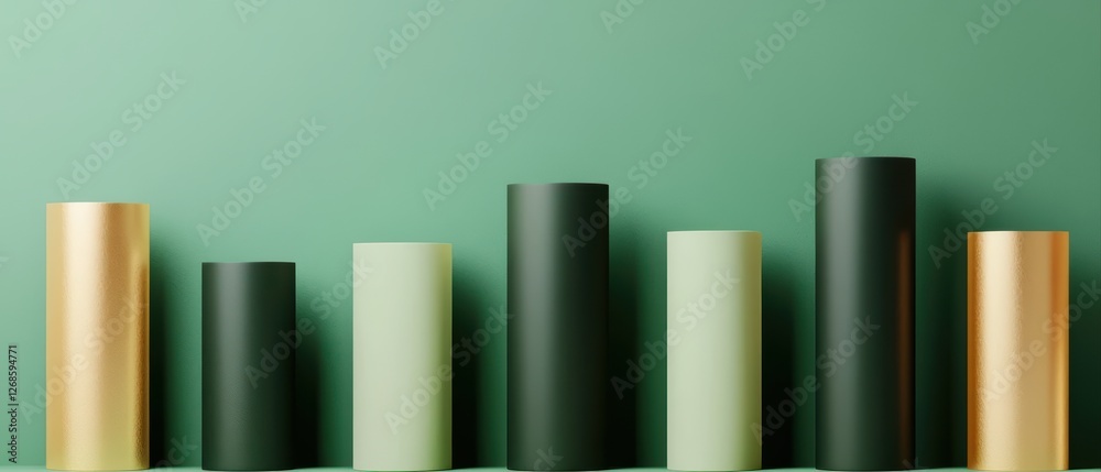 A minimalist arrangement of cylindrical objects in varied heights and colors against a green background, creating a modern aesthetic. A minimalist arrangement of cylindrical objects in varied heights and colors against a green background, creating a modern aesthetic.