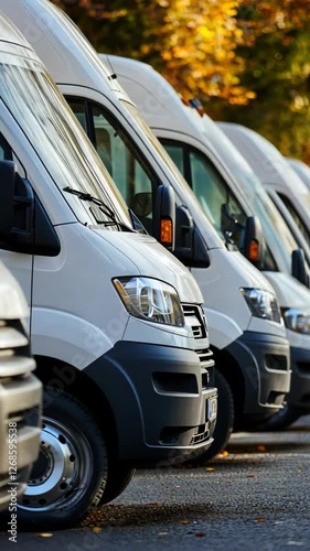 Fleet of delivery vans lined up in an urban setting during autumn daylight