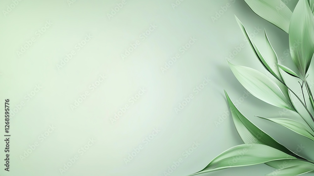 Fototapeta premium Elegant green leaves on a soft pastel background creating a serene, natural and calming visual effect.