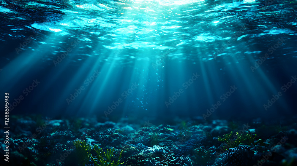 Fototapeta premium Underwater Scene with Sunlight Rays and Ocean Floor