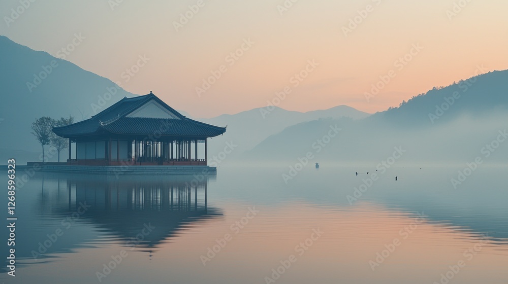 Serene Pavilion Reflects on Misty Lake at Dawn Serene Pavilion Reflects on Misty Lake at Dawn