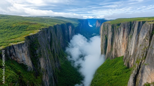 Dramatic canyon landscape with towering rock cliffs, lush green vegetation, and clouds nestled in the valley under a cloudy sky. Sunlight filters