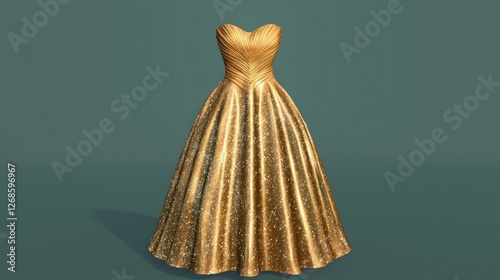 Golden ball gown on plain backdrop; studio shot