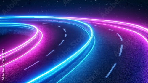 A digital artwork showcases a curving road illuminated by vibrant neon lights in pink and blue. The starlit backdrop adds depth, accentuating the photo