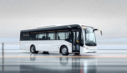 Modern White Electric Bus Transportation Speeding with Open Door Concept