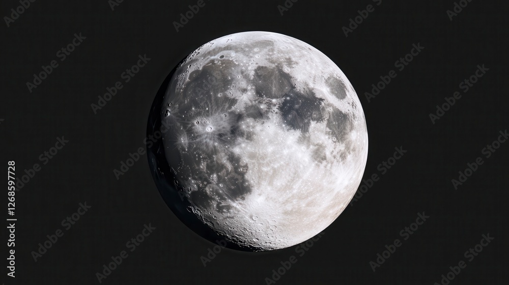 Obraz premium Close up view of a waxing crescent moon against a dark background. The moon's surface is detailed, showing craters and shadows. The image is stark