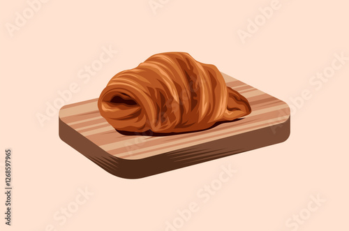 Golden Croissant on Wooden Board: A freshly baked croissant, with its flaky layers and golden hue, is presented on a rustic wooden board