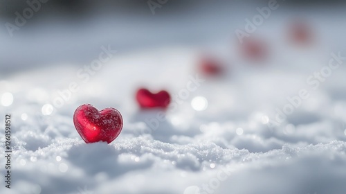 Red hearts on a snowy surface with a soft, out - of - focus background, suitable for Valentine's Day designs and cards. photo