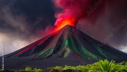 volcano spewing lava and red smoke on the ground with clouds behind it that look like it could be an eruptal