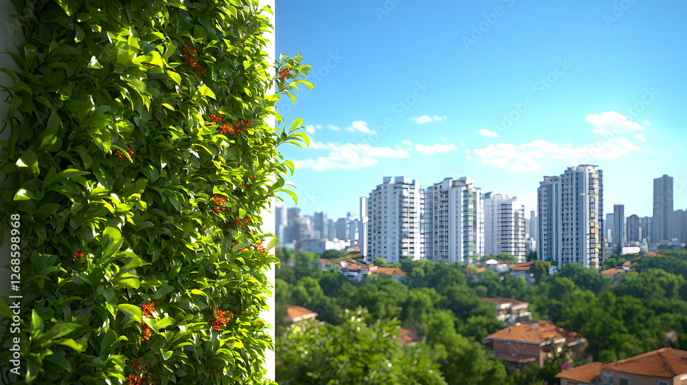 Fototapeta premium Urban Greenery: Green Wall and City Skyline