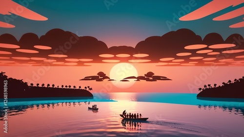 this illustration depicts a lake with water and mountains in the distance, with some clouds in the sky