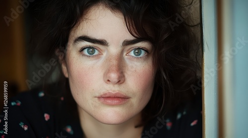 Close up portrait of a young person with freckles and dark curly hair, looking directly at the camera with a serious expression. Soft natural
