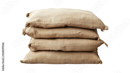 stack of brown burlap sacks isolated on black background
