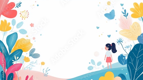 Colorful floral illustration with a girl in a pink skirt and white top, against a white background