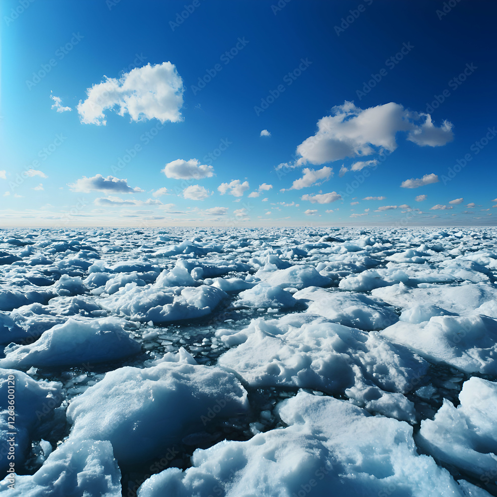 Vast Expanse of White Ice Floes on a Blue Ocean Under a Bright Sky Vast Expanse of White Ice Floes on a Blue Ocean Under a Bright Sky