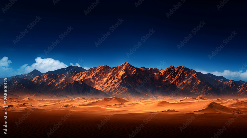 Naklejka premium Vast Desert Landscape with Red Mountains Under a Dramatic Blue Sky