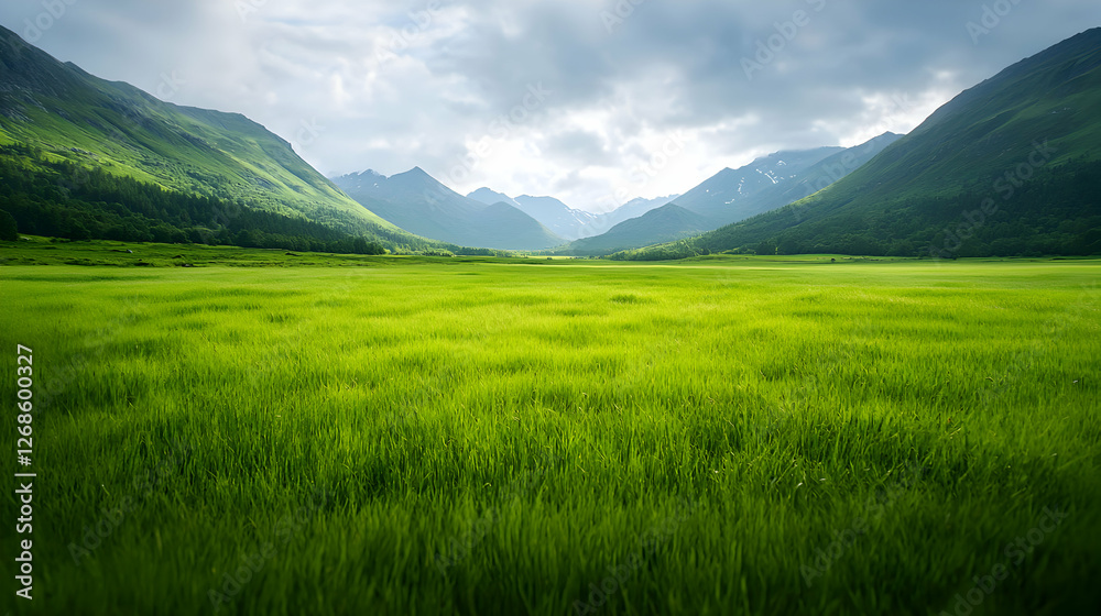 Vast Green Field Surrounded by Majestic Mountains under a Cloudy Sky Vast Green Field Surrounded by Majestic Mountains under a Cloudy Sky