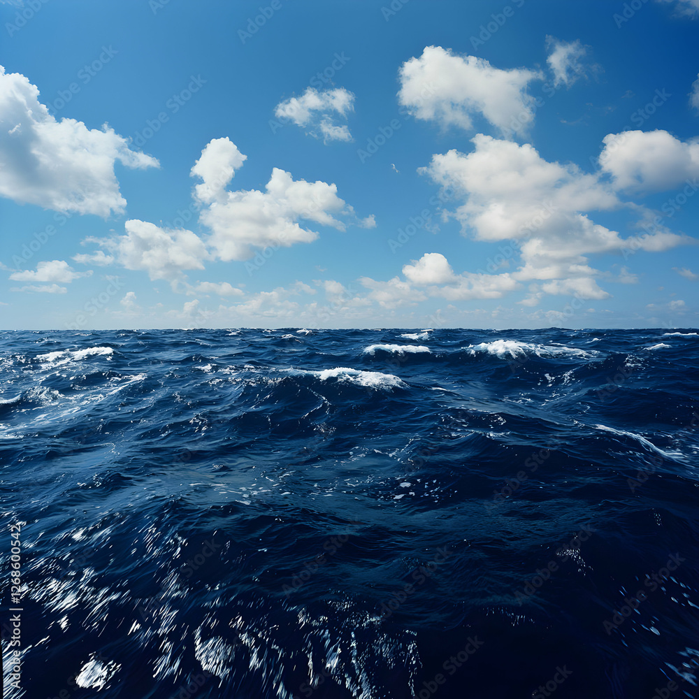 Vast Ocean Scene Under Blue Sky with White Clouds Vast Ocean Scene Under Blue Sky with White Clouds