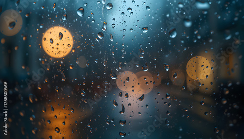 Rainy Night Reflections: A mesmerizing view of raindrops clinging to a windowpane, creating a shimmering kaleidoscope of light and shadow as city lights blur in the distance.