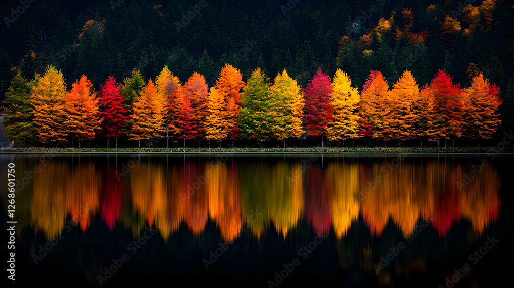 Vibrant Autumn Trees Reflected in Still Lake