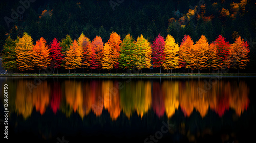 Obraz na płótnie Vibrant Autumn Trees Reflected in Still Lake w salonie