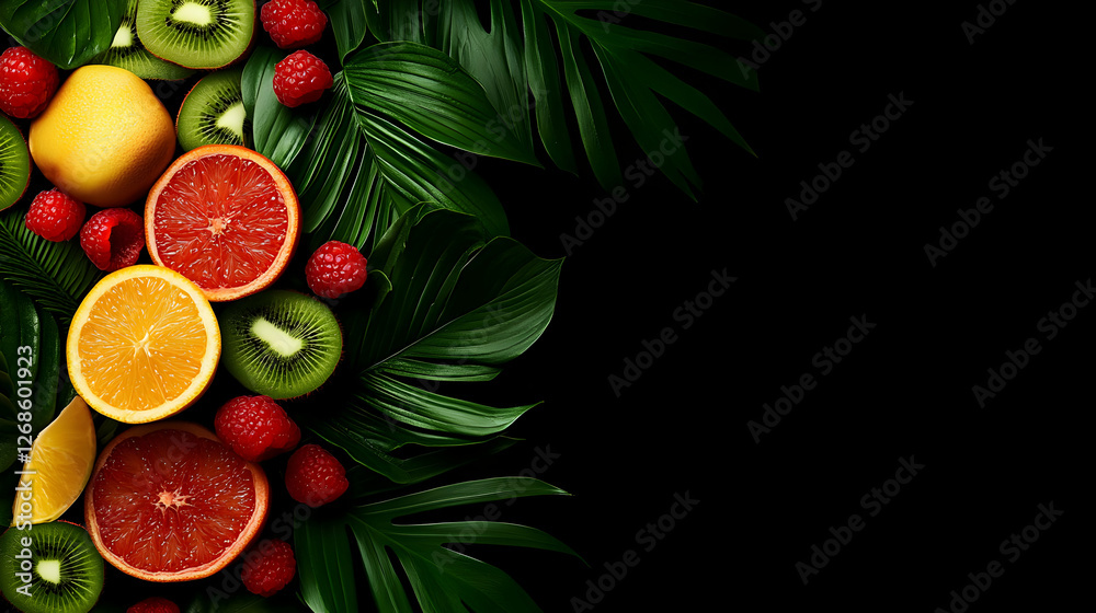 Vibrant Citrus Fruits and Raspberries with Lush Green Leaves Vibrant Citrus Fruits and Raspberries with Lush Green Leaves