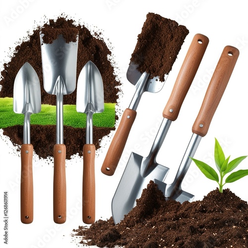 Gardening tools with wooden handles covered in rich soil, featuring trowels and shovels in various positions. One image includes a young green plant growing from the soil, symbolizing growth and susta
