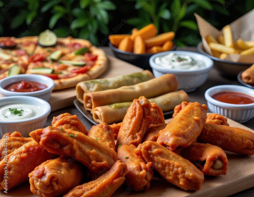 Delicious spread of appetizers featuring spicy rolls and pizza served at a vibrant outdoor gathering in the afternoon Delicious spread of appetizers featuring spicy rolls and pizza served at a vibrant outdoor gathering in the afternoon