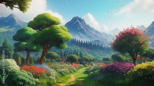 an artistic scene of a small river and some mountains in the background with flowers on trees