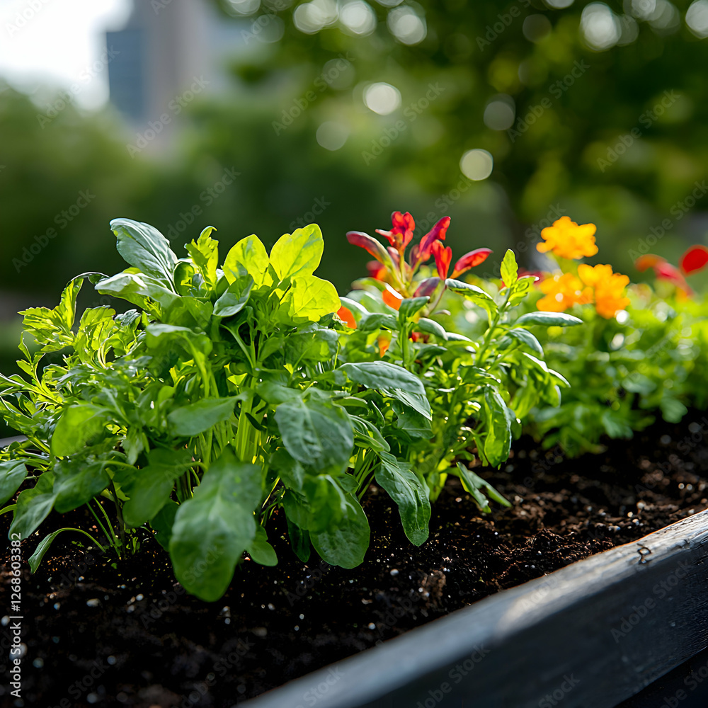 Vibrant Flowers in a Dark Planter Box