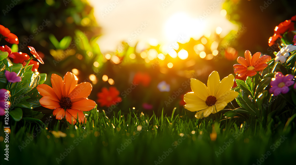 Vibrant Flowers in a Sunset Meadow