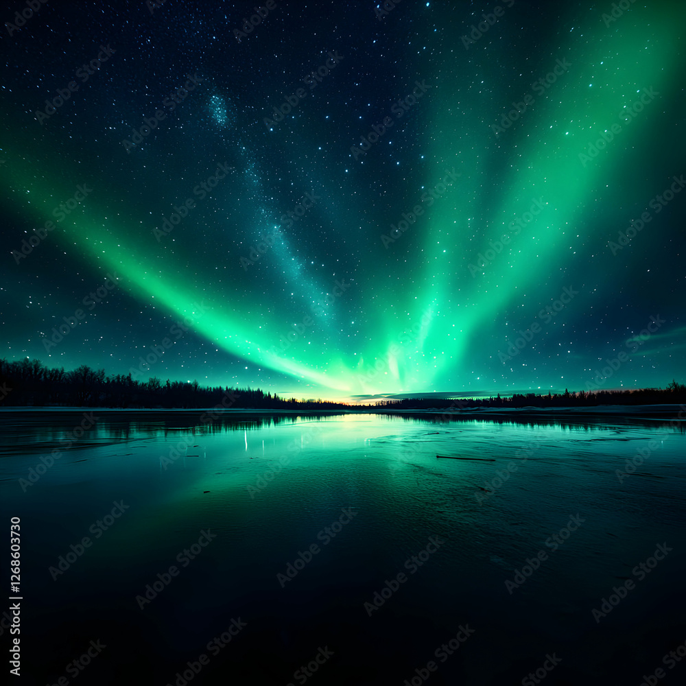 Vibrant Green Aurora Borealis over a Calm Winter Lake