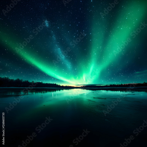 Obraz na płótnie Vibrant Green Aurora Borealis over a Calm Winter Lake w salonie