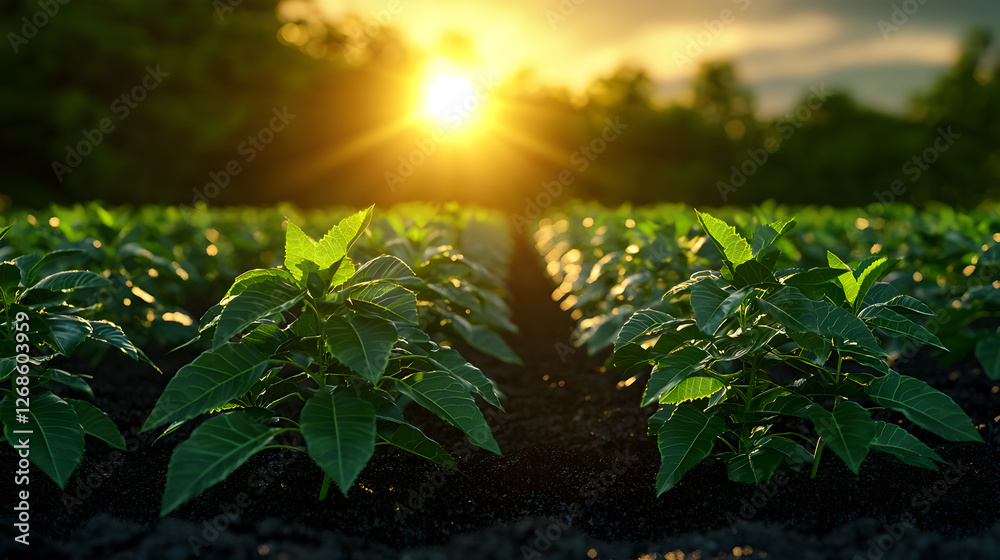 Vibrant Green Crops at Sunset in Agricultural Field