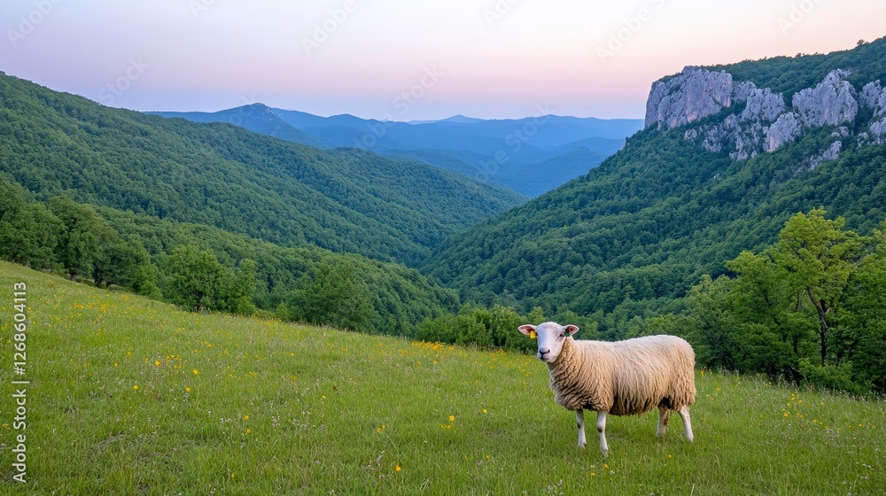 A lone sheep stands in a vibrant green field dotted with wildflowers, overlooking a vast valley with lush green hills and distant rocky cliffs under A lone sheep stands in a vibrant green field dotted with wildflowers, overlooking a vast valley with lush green hills and distant rocky cliffs under