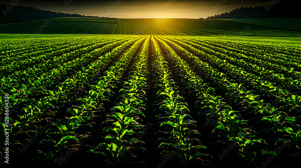 Vibrant Green Field at Sunset