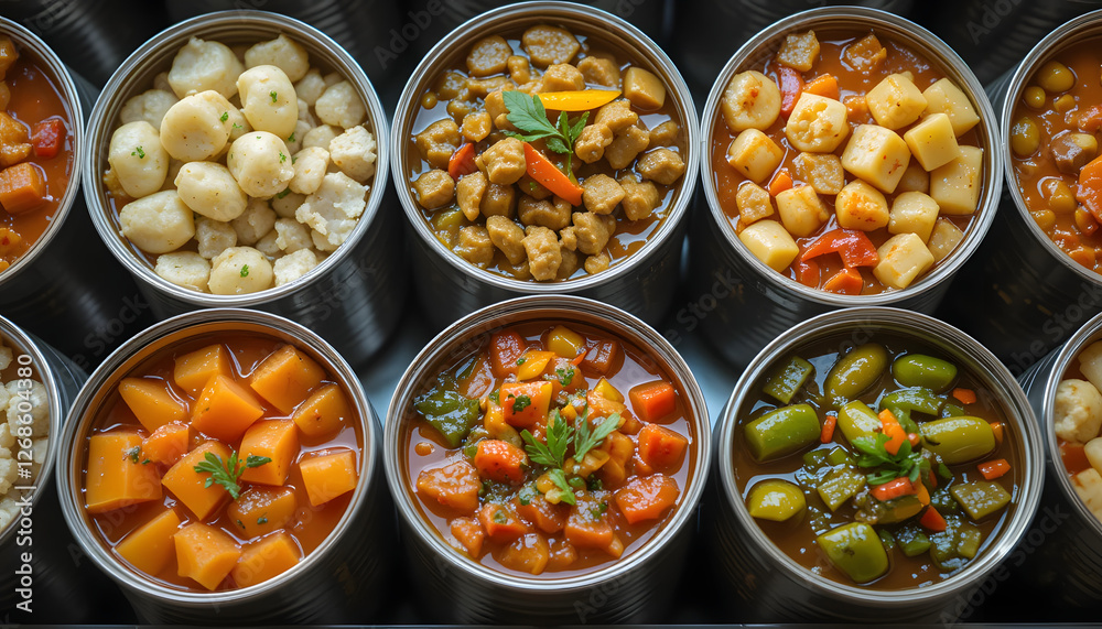 Variety of canned vegetables and meals displayed in metal containers with colorful ingredients
