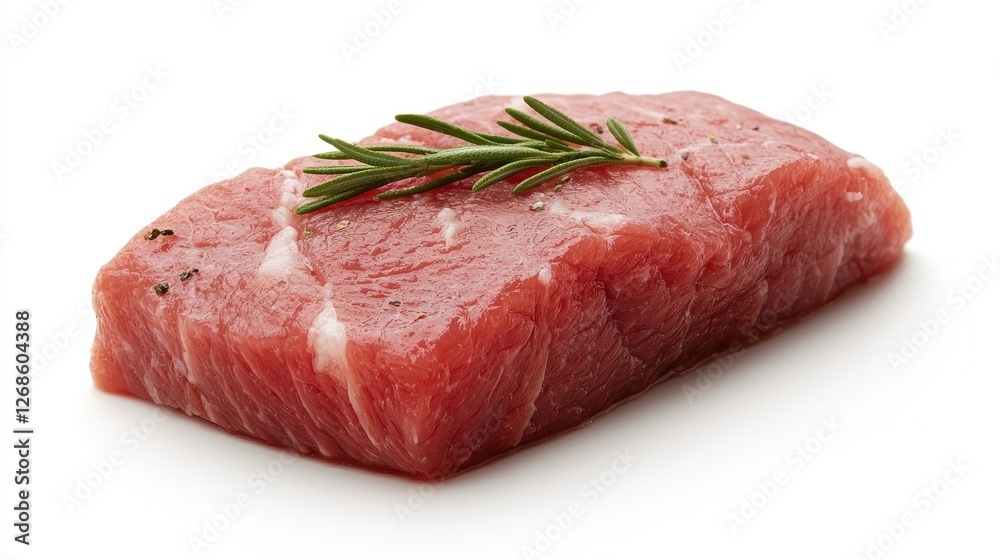 Raw steak, rosemary garnish, white background, food photography, recipe ingredient Raw steak, rosemary garnish, white background, food photography, recipe ingredient