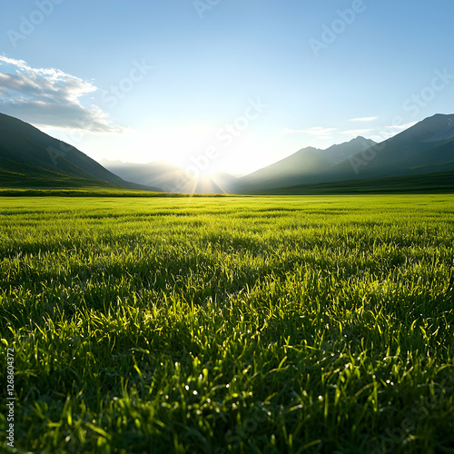 Obraz na płótnie Vibrant Green Field at Sunset with Mountain Range w salonie